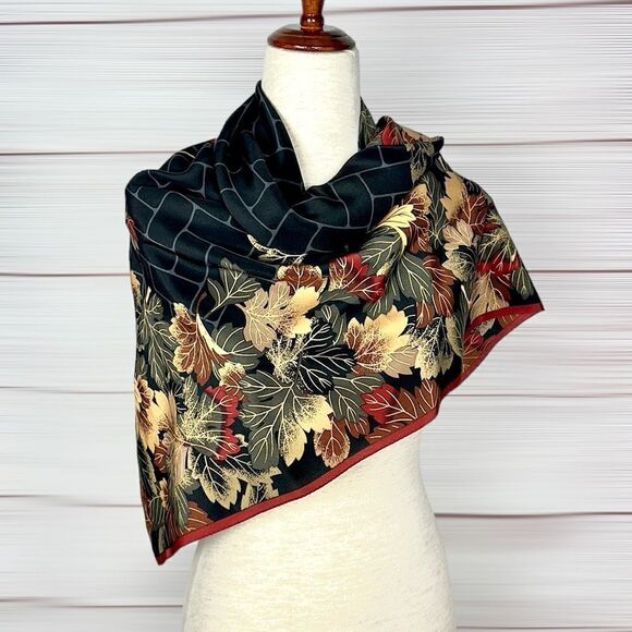 Boston Museum of Fine Arts Silk Scarf Black with Colorful Fall Leaves Print - Picture 8 of 13
